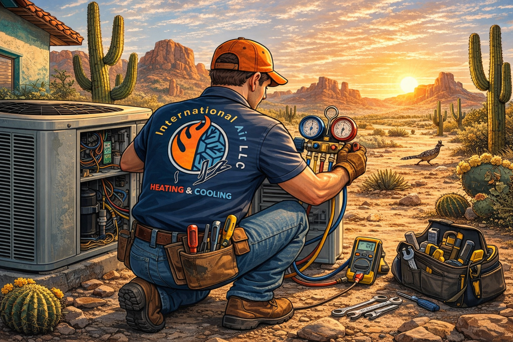 Illustration of an International Air LLC technician servicing an air conditioner in an Arizona desert setting